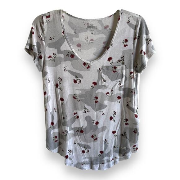 Hollister Womens Tee‎ Sz XS Gray White Camo Camouflage Flowers Pocket Easy Top - Picture 5 of 8